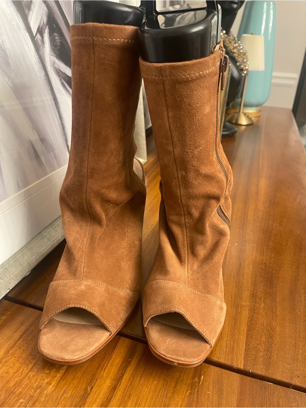 Aldo Suede Peep-Toe Ankle Boots - Cognac Brown